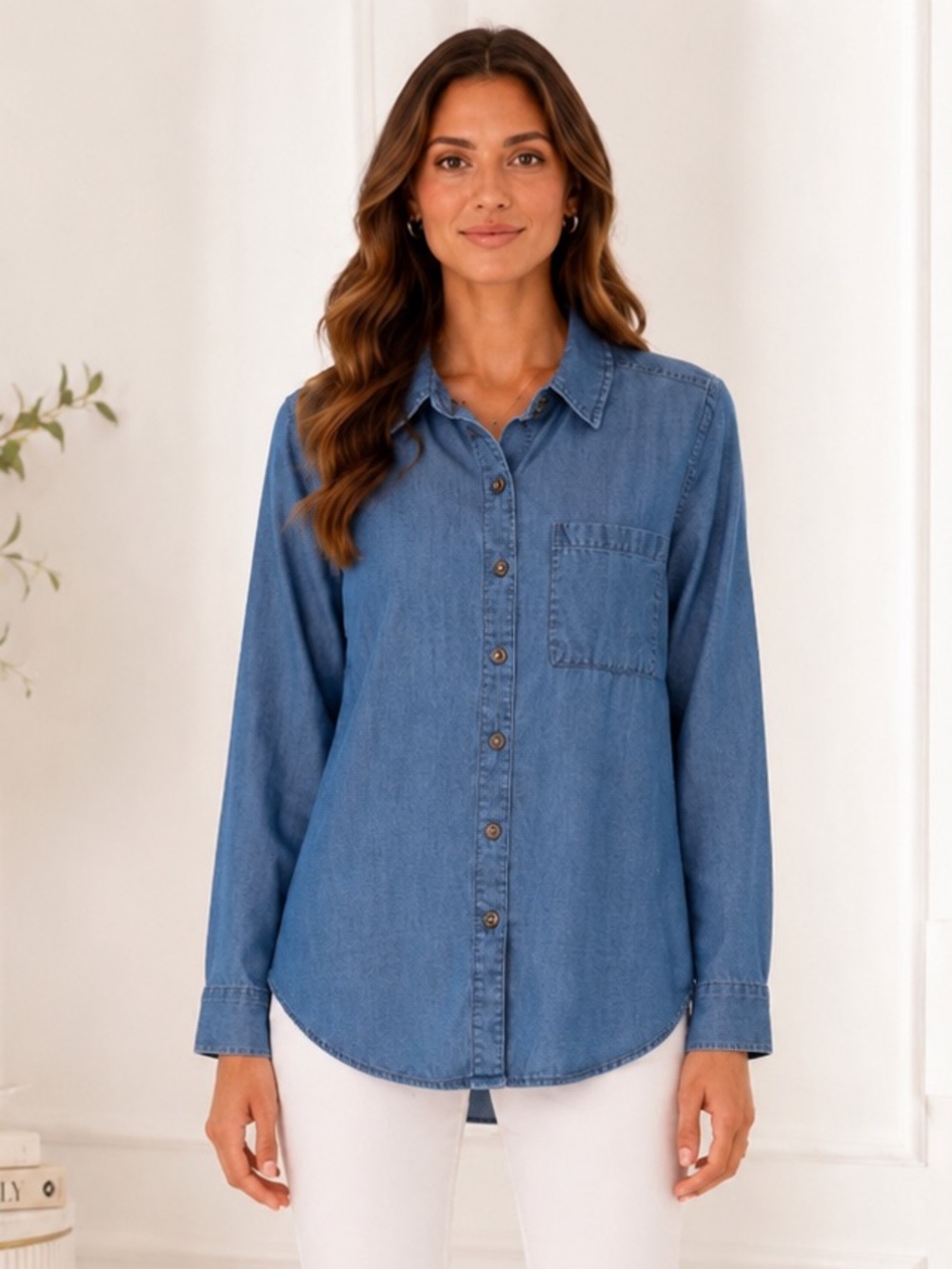 Style & Co Chambray Tunic Top Blue Button Front Long Sleeve Pocket NWT S